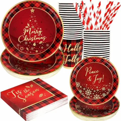 120-piece buffalo plaid Christmas paper tableware set, 24 guests