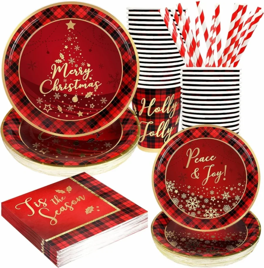 120-piece buffalo plaid Christmas paper tableware set, 24 guests