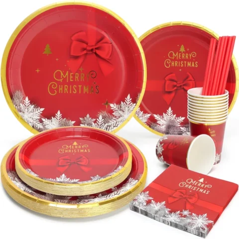 125-piece paper Christmas set with red bow and gold lettering