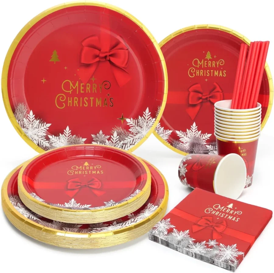 125-piece paper Christmas set with red bow and gold lettering