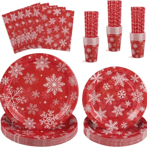 125-piece red and white snowflake paper party set for 25 guests