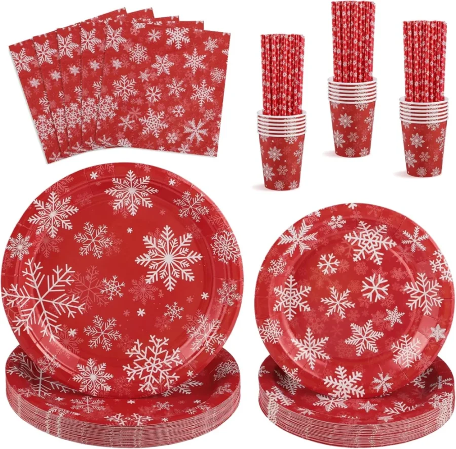 125-piece red and white snowflake paper party set for 25 guests