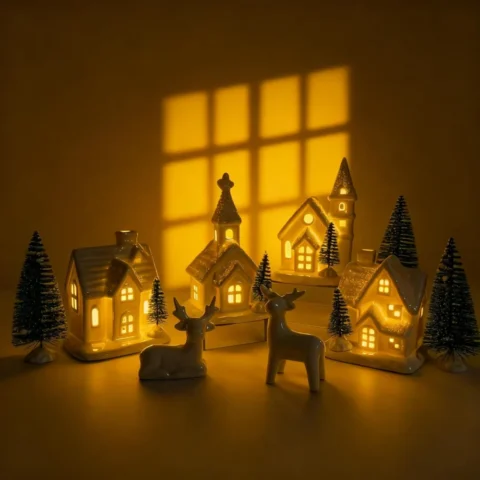 13-piece white ceramic Christmas village set with trees and deer
