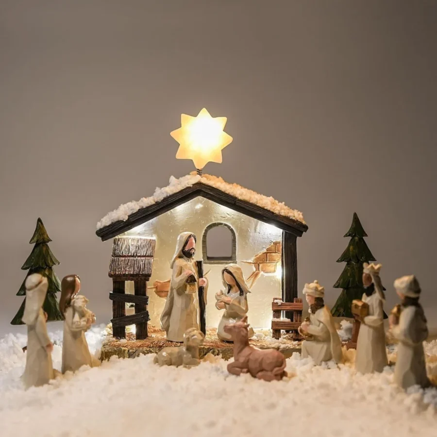 13-piece white nativity set with battery light-up manger