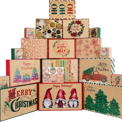 18 kraft Christmas gift boxes with lids in 4 sizes, 18 designs
