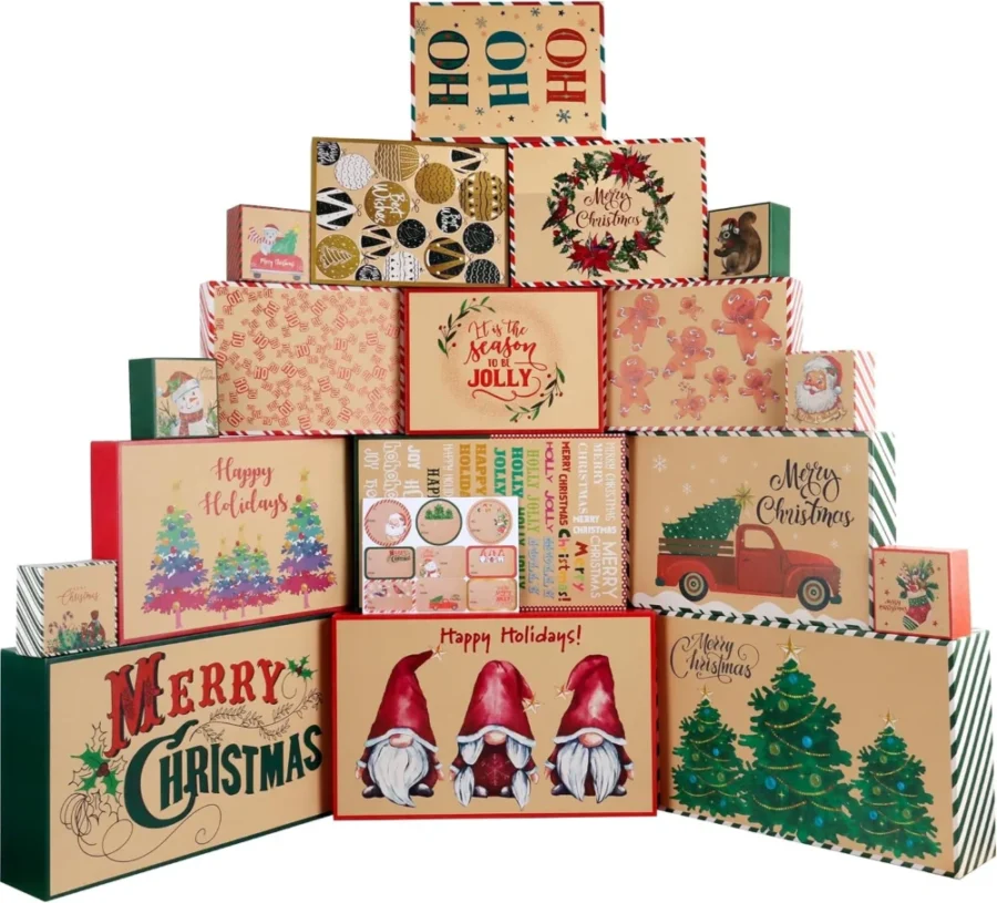 18 kraft Christmas gift boxes with lids in 4 sizes, 18 designs