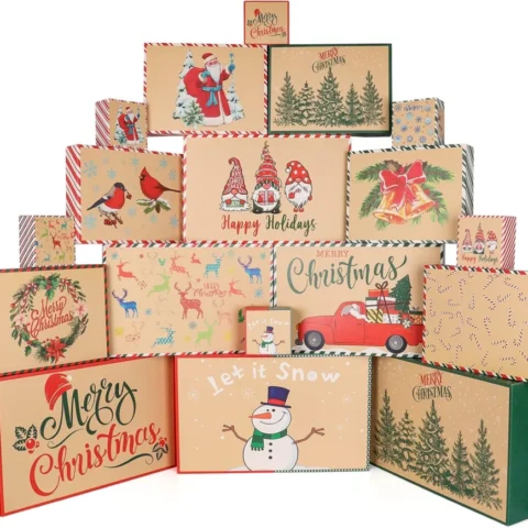 18 vintage-style Christmas kraft gift boxes with lids, 12 designs