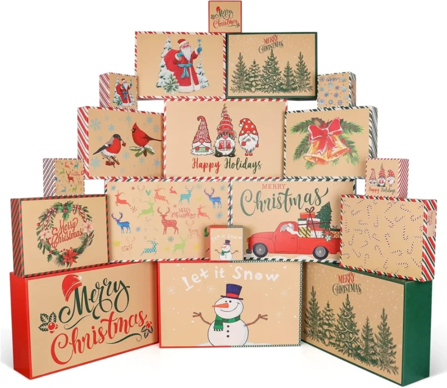 18 vintage-style Christmas kraft gift boxes with lids, 12 designs