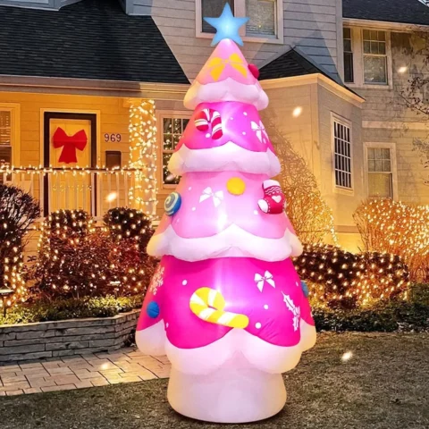 2.1 m pink inflatable Christmas tree with built-in LEDs and fan