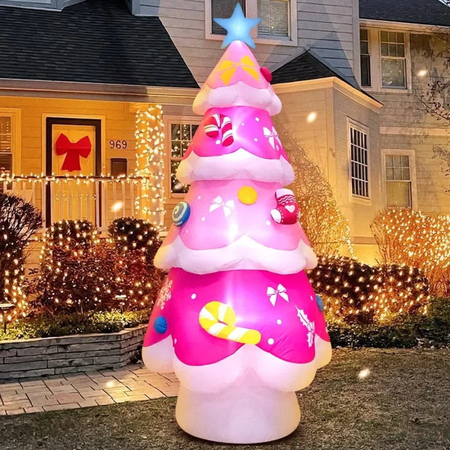 2.1 m pink inflatable Christmas tree with built-in LEDs and fan