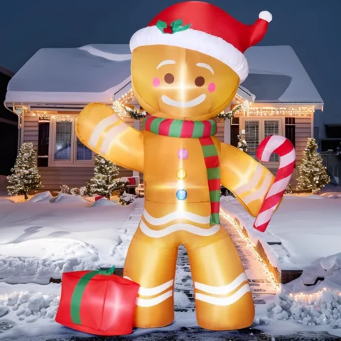 2.4 m inflatable gingerbread man with candy cane and built-in LEDs