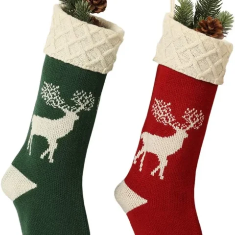 2 cable knit reindeer Christmas stockings in polyester, 46 cm