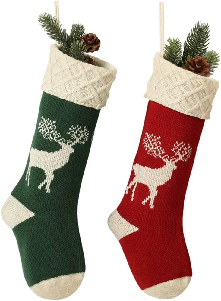 2 cable knit reindeer Christmas stockings in polyester, 46 cm