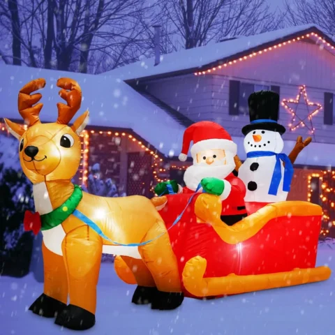 2 m inflatable Santa sleigh with reindeer, snowman and LED lights