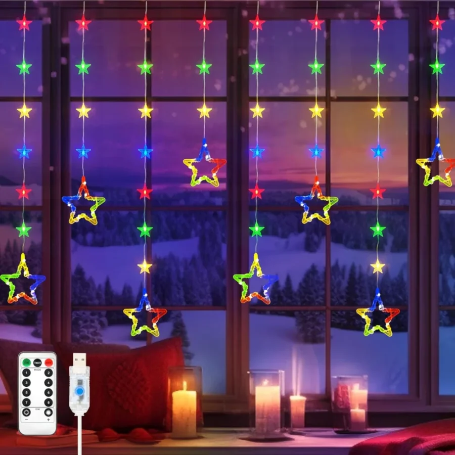 2 m star curtain lights, 48 stars, 80 multicolour LEDs, USB, remote