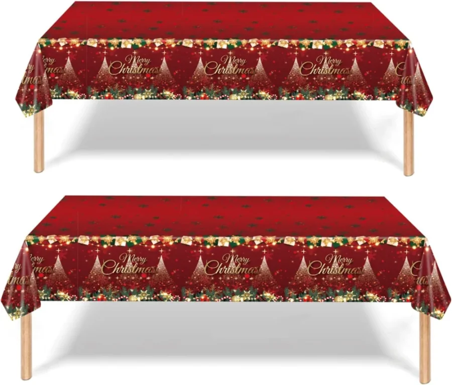 2 red plastic Christmas tablecloths, 137 x 274 cm, Santa and holly