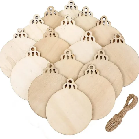 20 blank wooden bauble slices with twine, 9 x 7.3 cm