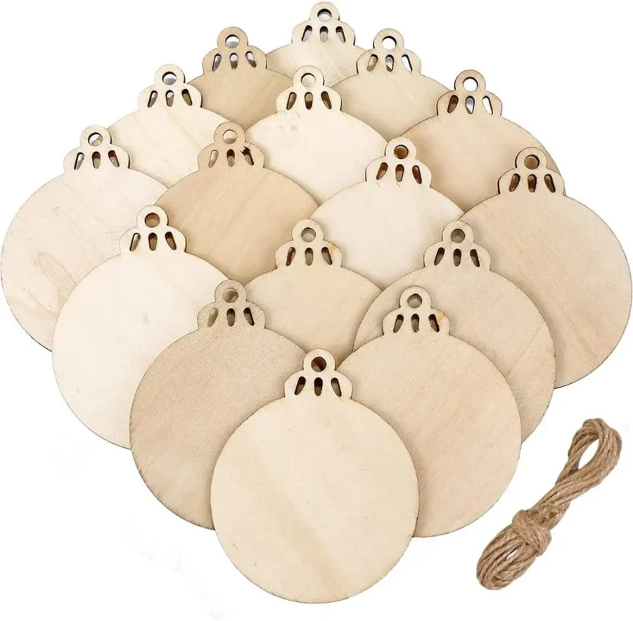 20 blank wooden bauble slices with twine, 9 x 7.3 cm