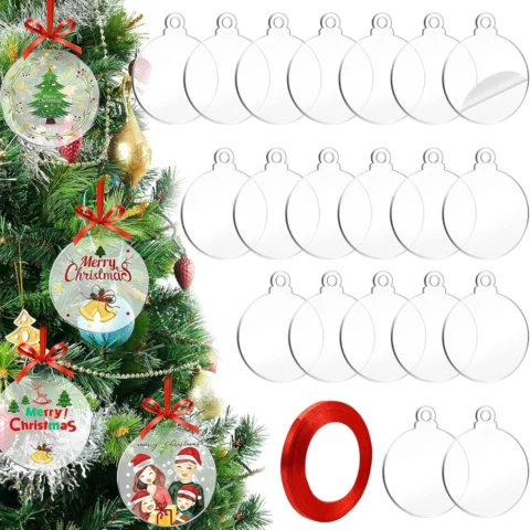 20 clear acrylic disc baubles for DIY, 8 cm, with red ribbon