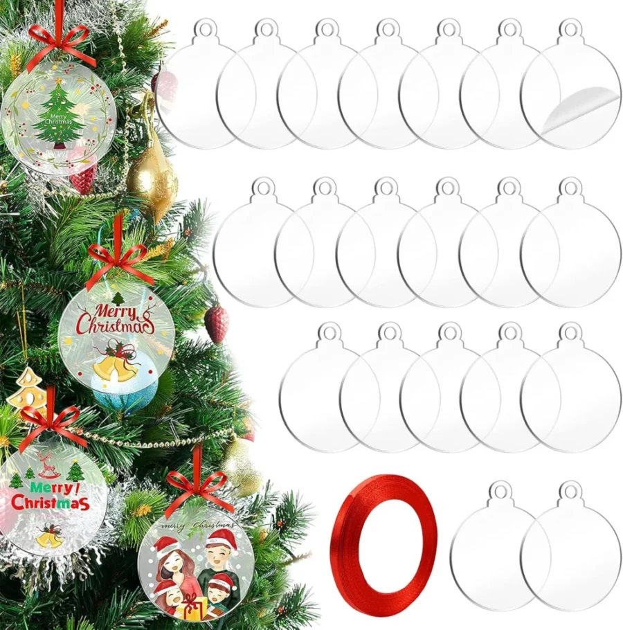 20 clear acrylic disc baubles for DIY, 8 cm, with red ribbon