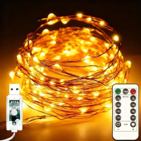 20 m copper wire fairy lights, 200 LEDs, USB plug-in, remote, 8 modes