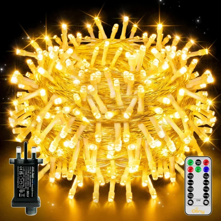 20 m mains fairy lights, 200 LEDs, remote, 4 brightness levels
