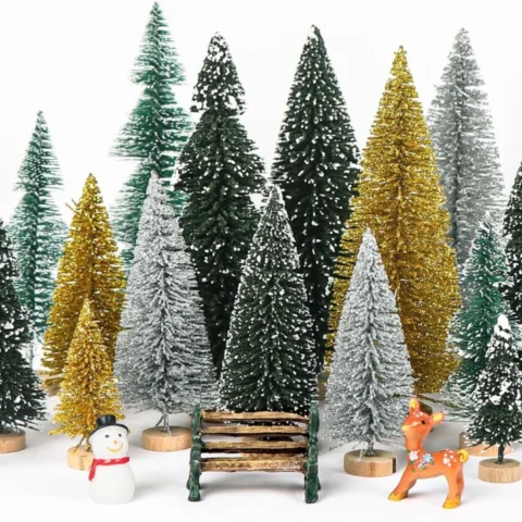 21-piece mini bottle brush tree set with snowman, reindeer and bench