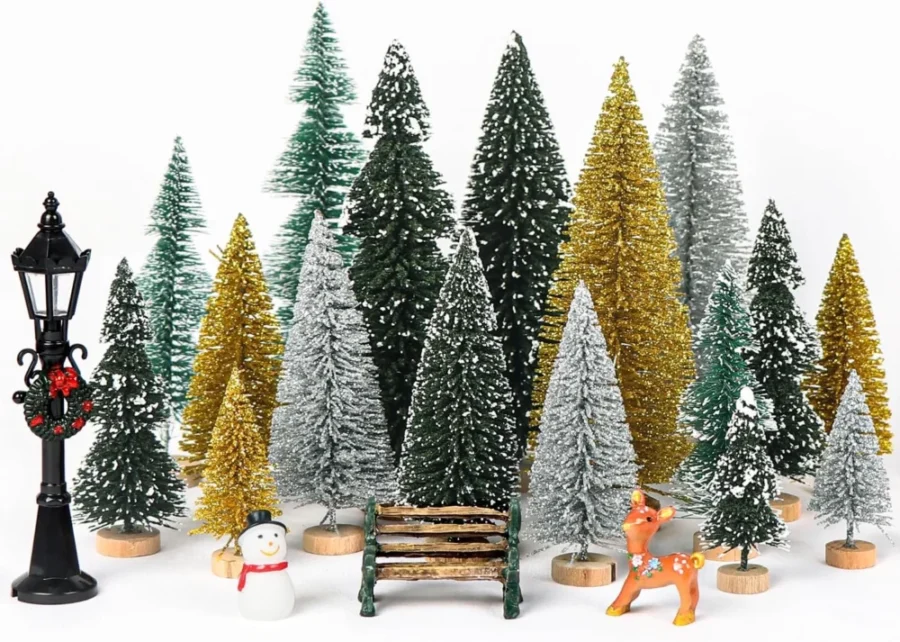 21-piece mini bottle brush tree set with snowman, reindeer and bench