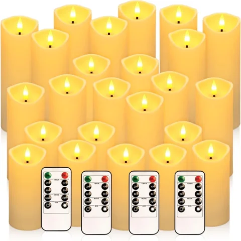 24 ivory flameless LED candles in 3 heights, with remote and timer