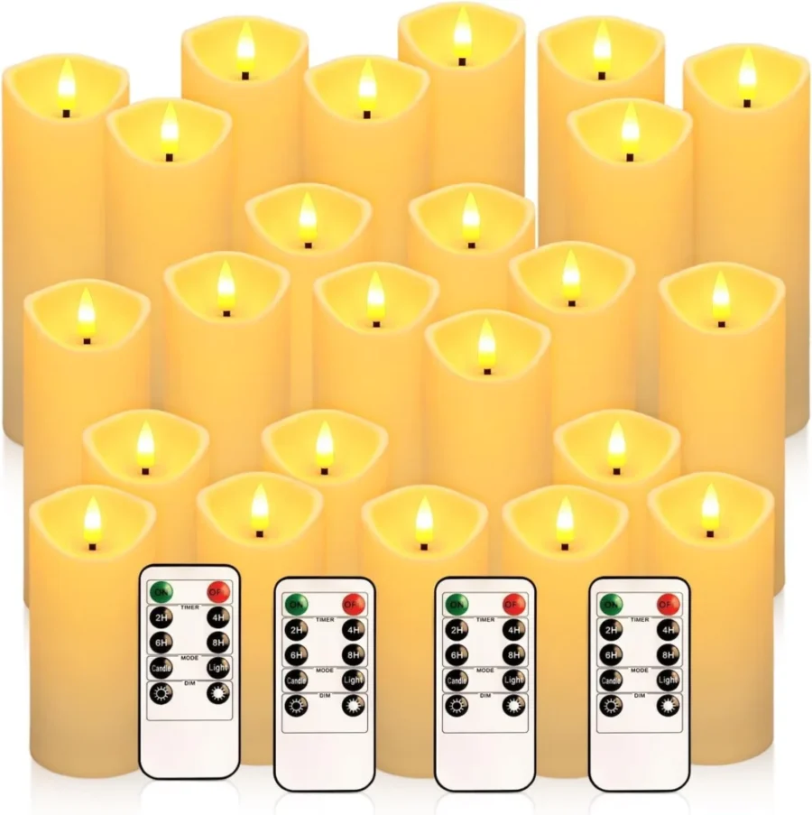 24 ivory flameless LED candles in 3 heights, with remote and timer
