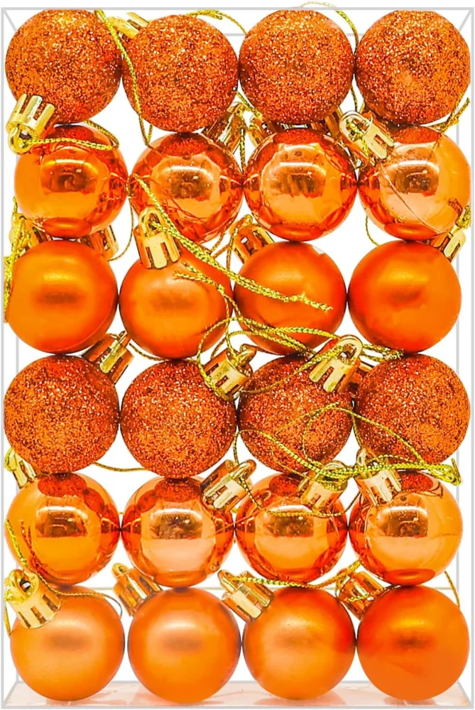 24 mini orange Christmas baubles, 3 cm, shiny, matte and glitter