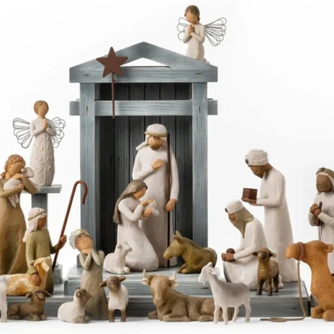 24-piece hand-painted nativity set with wooden crèche, 43 cm