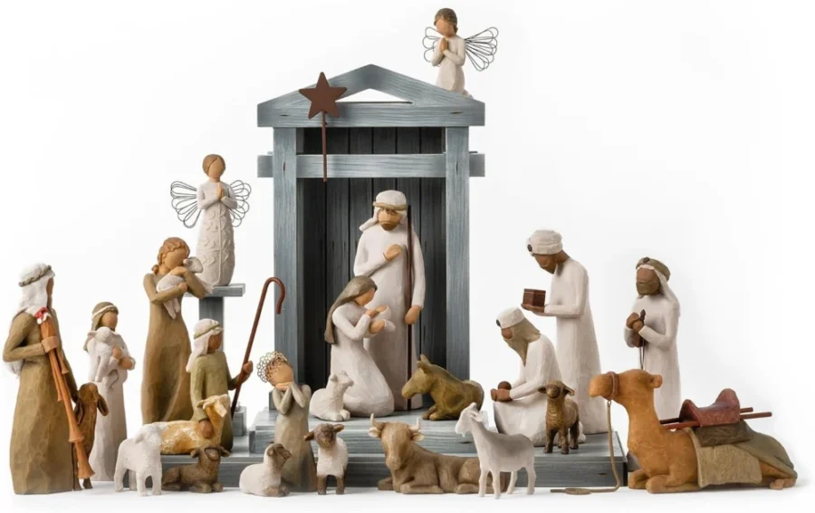 24-piece hand-painted nativity set with wooden crèche, 43 cm