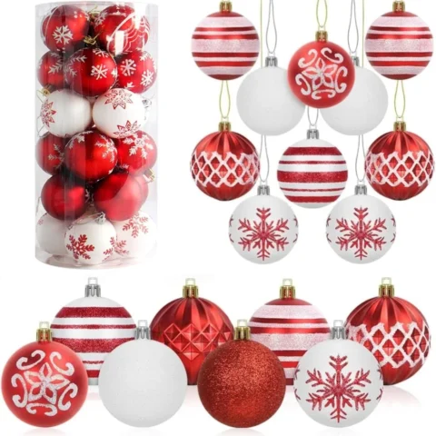 24 red and white baubles in 8 designs, 6 cm, hand painted
