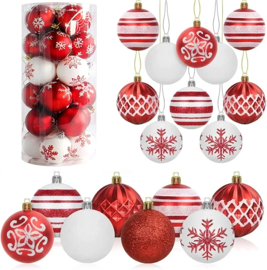 24 red and white baubles in 8 designs, 6 cm, hand painted