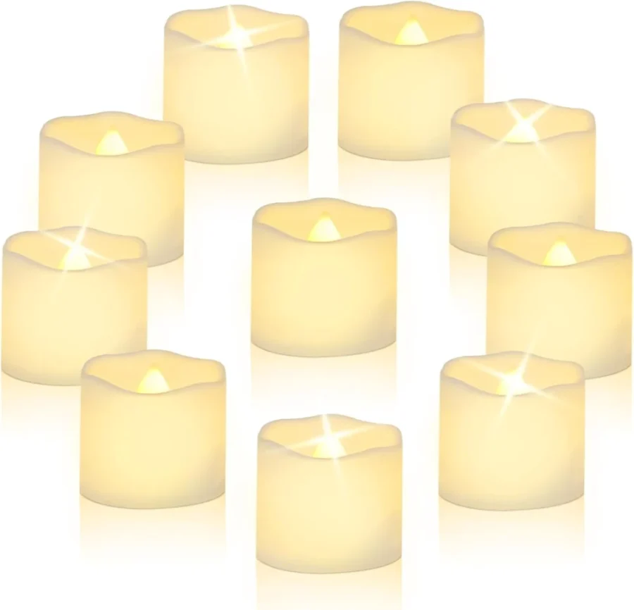24 warm white flickering LED tea lights with melted edge, 3.7 cm