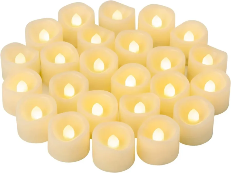 24 warm white LED tea lights, 3.8 cm, slide switch, batteries fitted