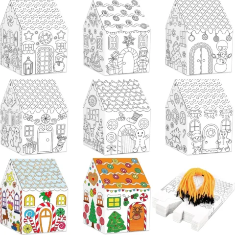 25 cardboard gingerbread house boxes to colour, with twine