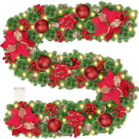 270 cm pre-lit garland, 30 LEDs, 8 modes, white cones and red berries