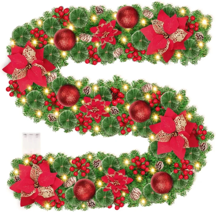 270 cm pre-lit garland, 30 LEDs, 8 modes, white cones and red berries
