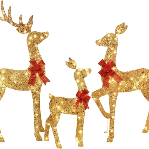 2D gold reindeer family, 3 pieces, 145 warm white LEDs, up to 122 cm