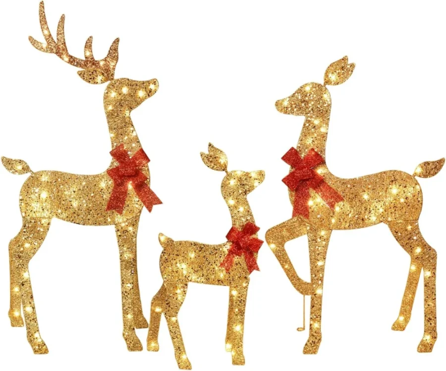 2D gold reindeer family, 3 pieces, 145 warm white LEDs, up to 122 cm