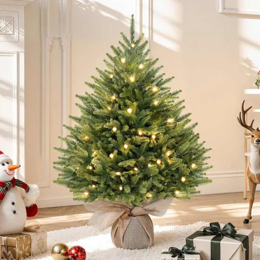 2ft pre-lit mini Christmas tree in PE, 13 light modes, linen base