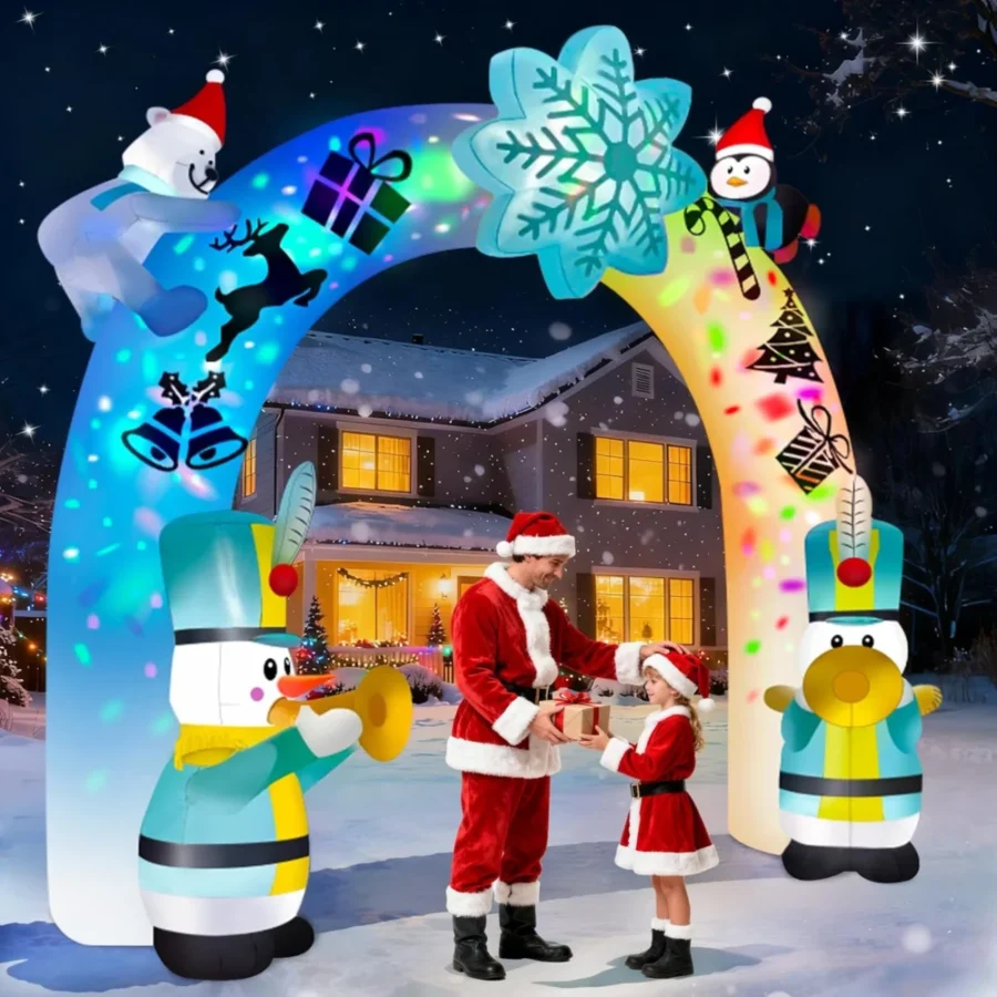 3.7 m inflatable archway with two snowman soldiers, pink and green