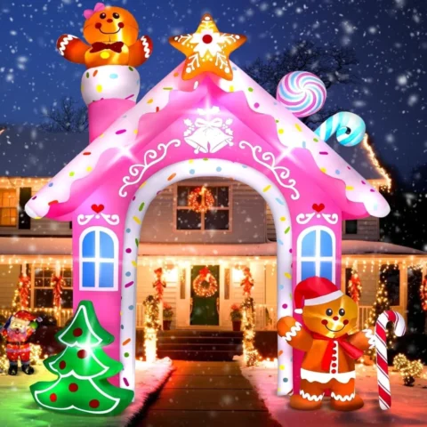 3.7 m pink inflatable gingerbread arch with built-in LEDs and blower