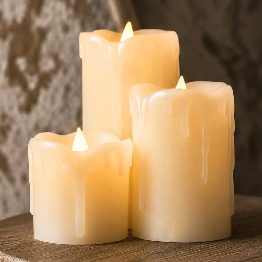 3 cream real wax LED pillar candles with dripping effect, 5 to 10 cm