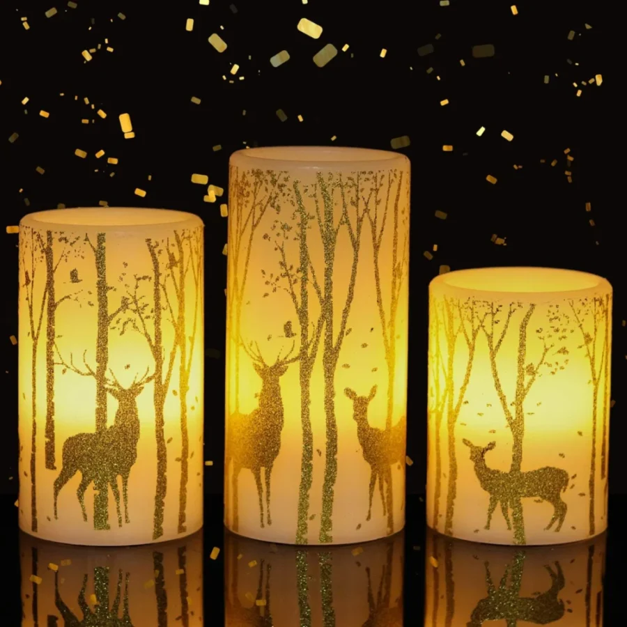3 flameless LED pillar candles with gold reindeer, remote and timer