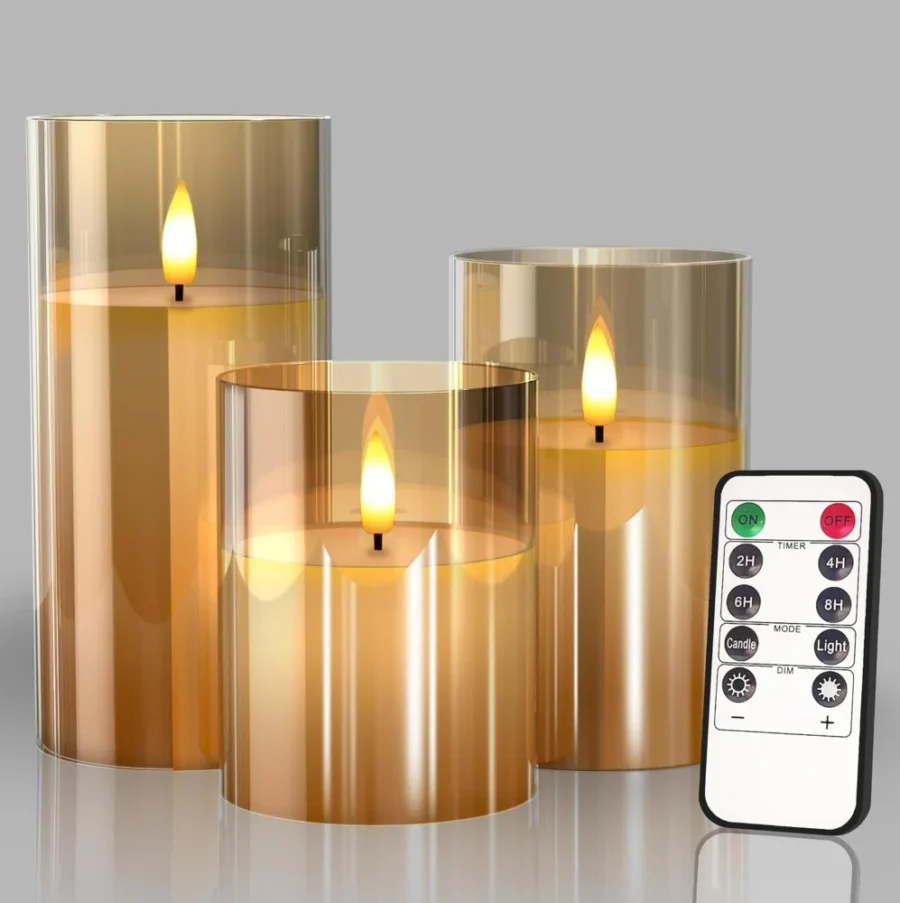 3 gold glass flameless LED candles, 10 to 15 cm, remote and timer