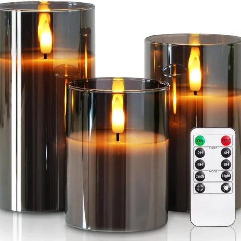 3 grey real wax LED candles in clear glass shells, with remote
