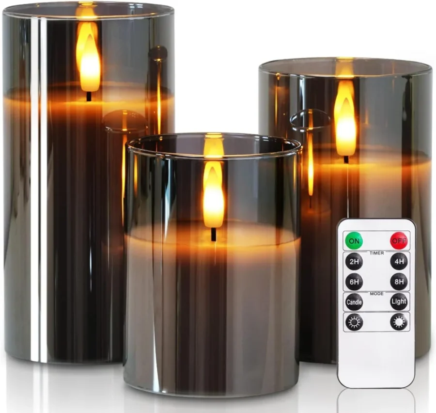 3 grey real wax LED candles in clear glass shells, with remote